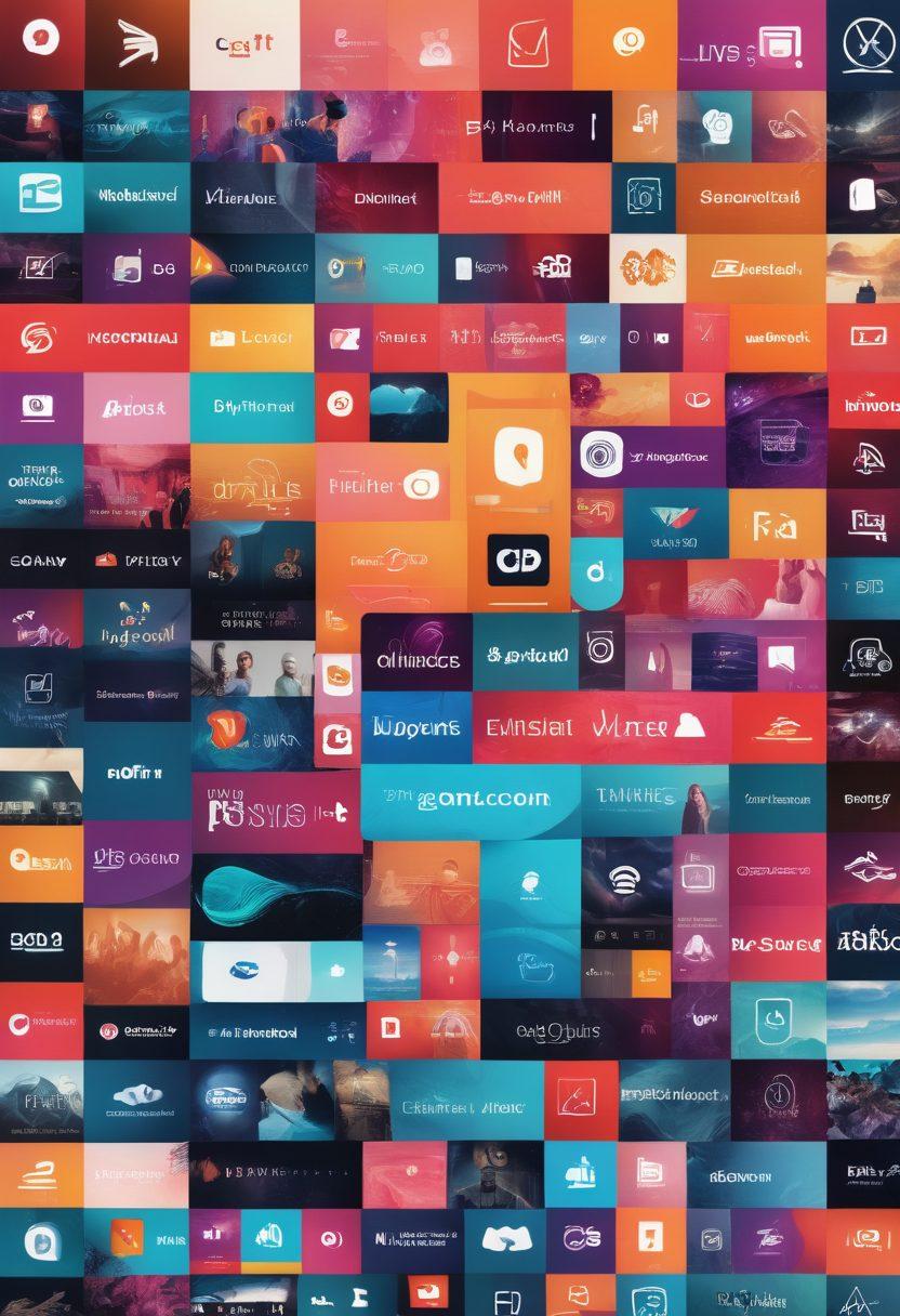 A vibrant collage depicting various video distribution platforms, such as clips, live streaming icons, and user interfaces on various devices, showcasing diversity in content creation. Include a dynamic background with abstract waves symbolizing connectivity and communication. Highlight the transition from clip sharing to live streaming with arrows or lines connecting them. Emphasize a sense of community with silhouettes of viewers and creators engaging. modern flat design. bright colors.