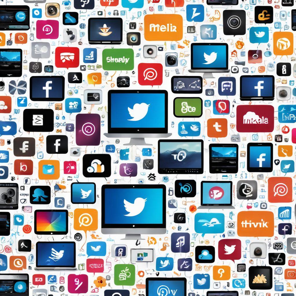 A vibrant collage showcasing various multimedia elements: video clips playing on diverse devices like smartphones, laptops, and tablets, with colorful icons representing social media platforms and video-sharing sites around them. In the background, subtle illustrations of film reels, soundwaves, and digital clouds to symbolize hosting and sharing. The entire scene radiates energy and interactivity. super-realistic. vibrant colors. white background.